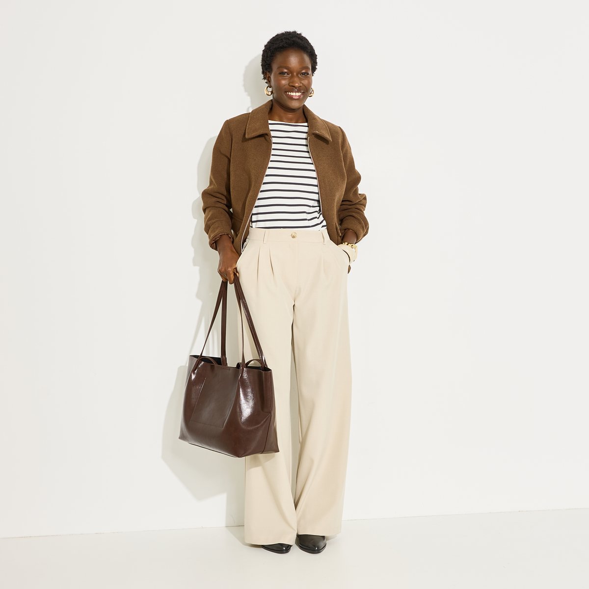 Pantalon large à pinces beige, GRAIN DE MALICE
