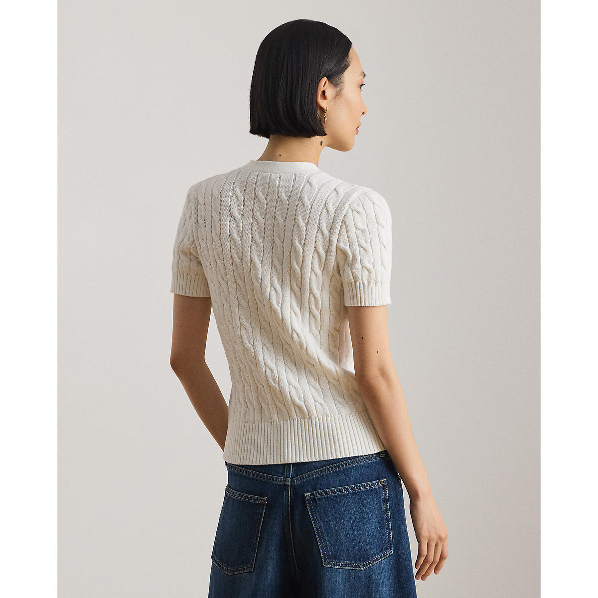 Cotton Cable Knit V-Neck Short Sleeve Cardigan white, LAUREN RALPH LAUREN