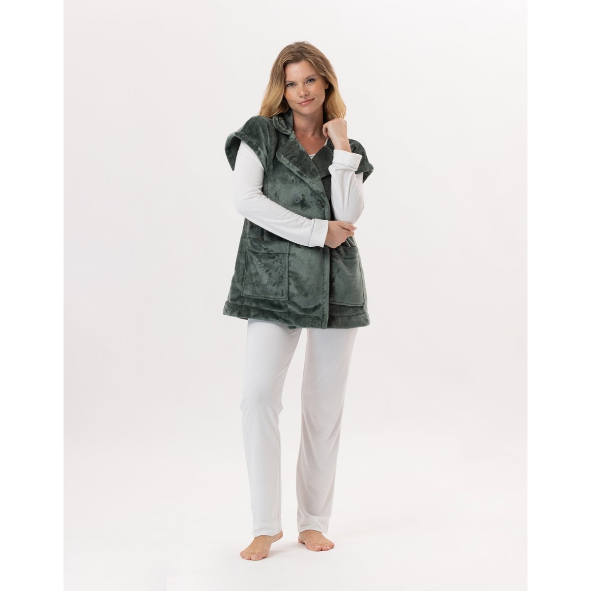 Veste manches courtes boutonnée en peluche flanelle ESSENTIEL H76A vert, LE CHAT