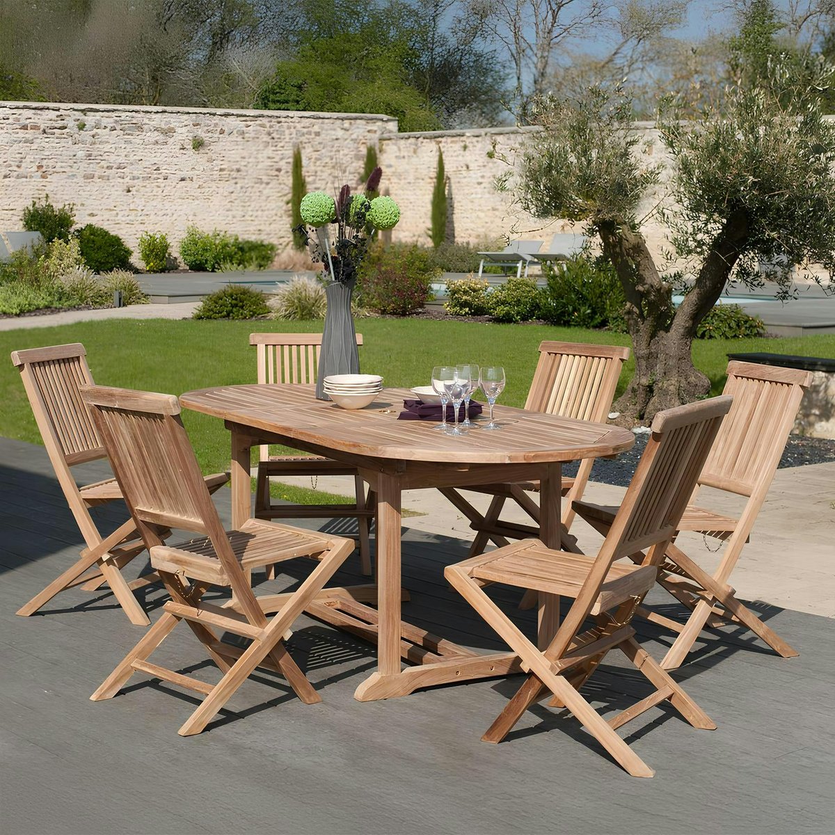 Salon de jardin table d'extérieur extensible ovale 150/200x90cm 6 chaises pliantes en bois de teck SUMMER bois naturel, PIER IMPORT