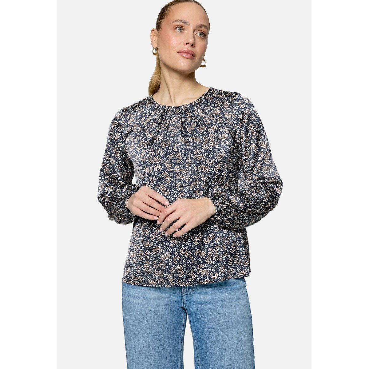 Satinbluse langarm mit blumen dark bluecream, ZERO