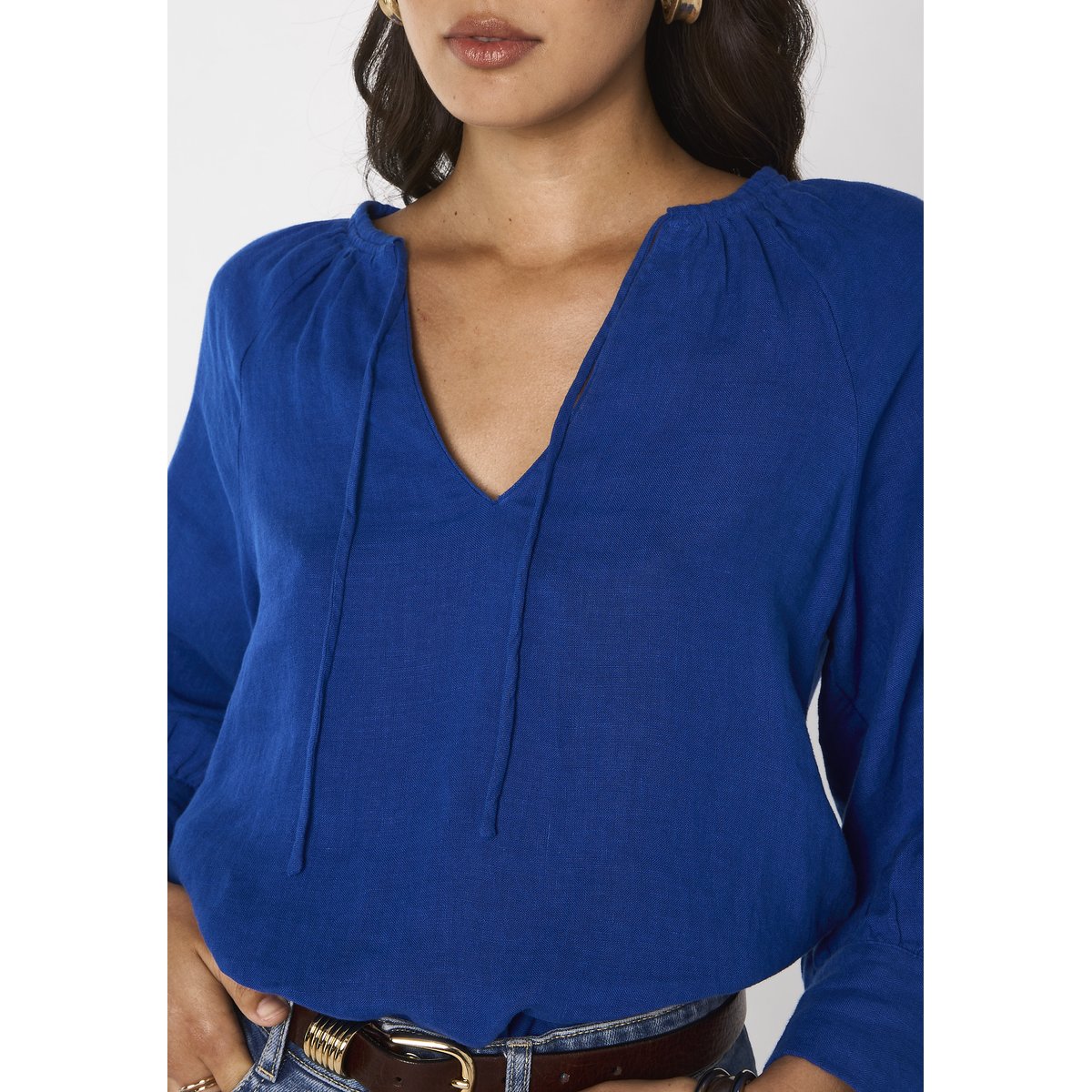 Blouse à manches 3/4 en lin DAMIA bleu roi, Maison 123