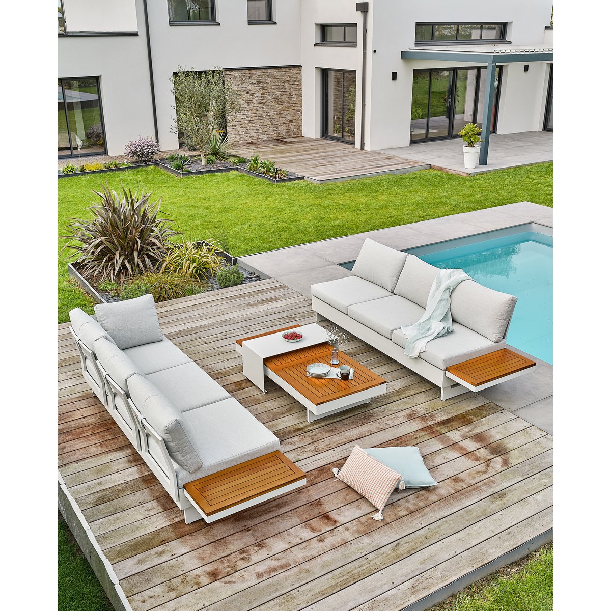 Salon de jardin d'angle 6 places MINERA gris clair, REMARQUABLE