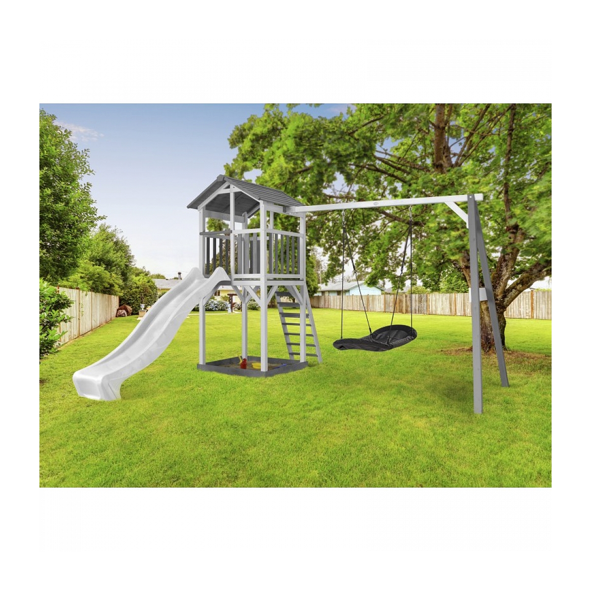 AXI Structure de jeu Beach Tower Blanc Gris avec 1 balancoire siege nid ovale Roxy et toboggan Blanc couleur unique, AXI HOUSE