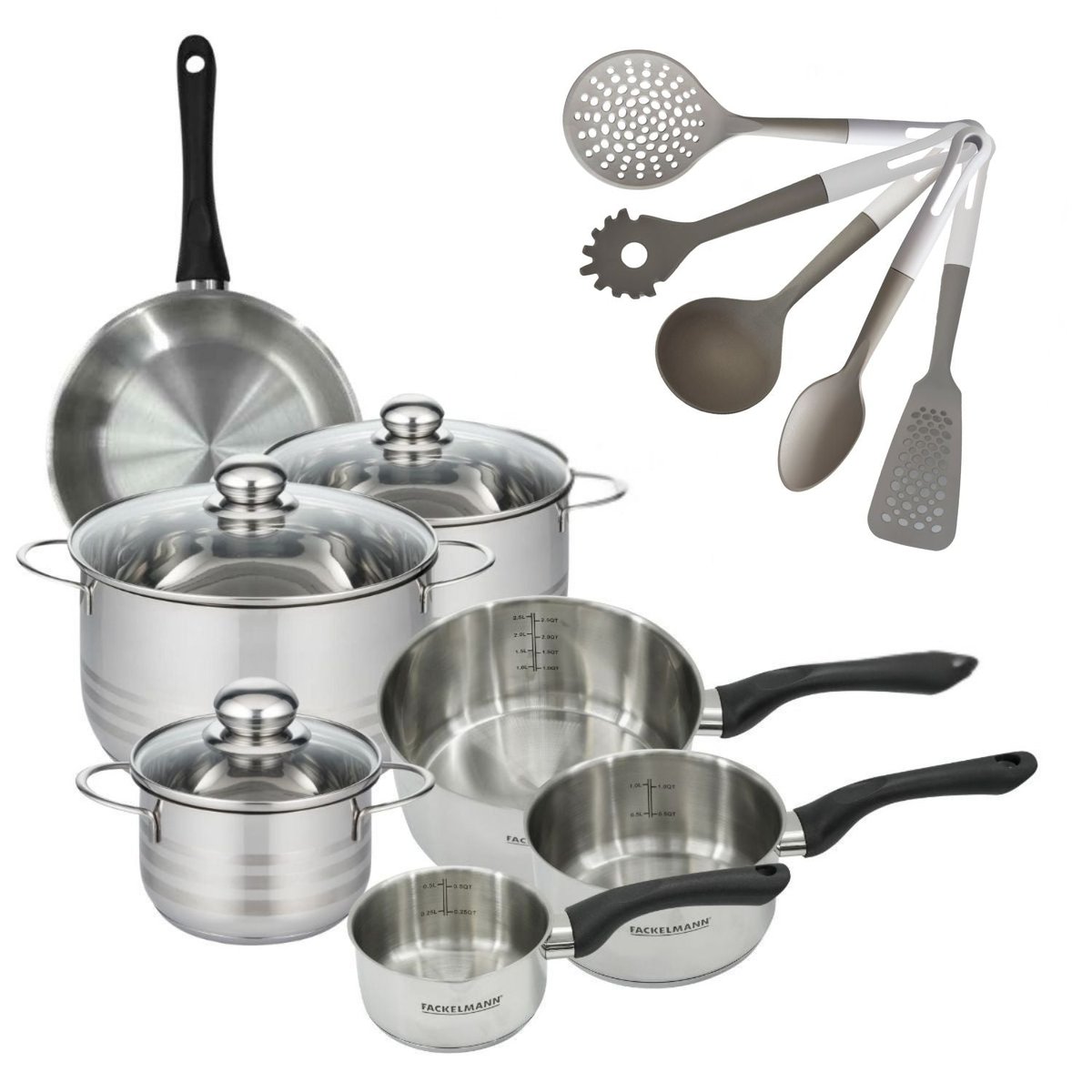 3 faitouts 16/20/24cm + 3 casseroles 12/16/20cm BRILLANT inox|noir, FACKELMANN