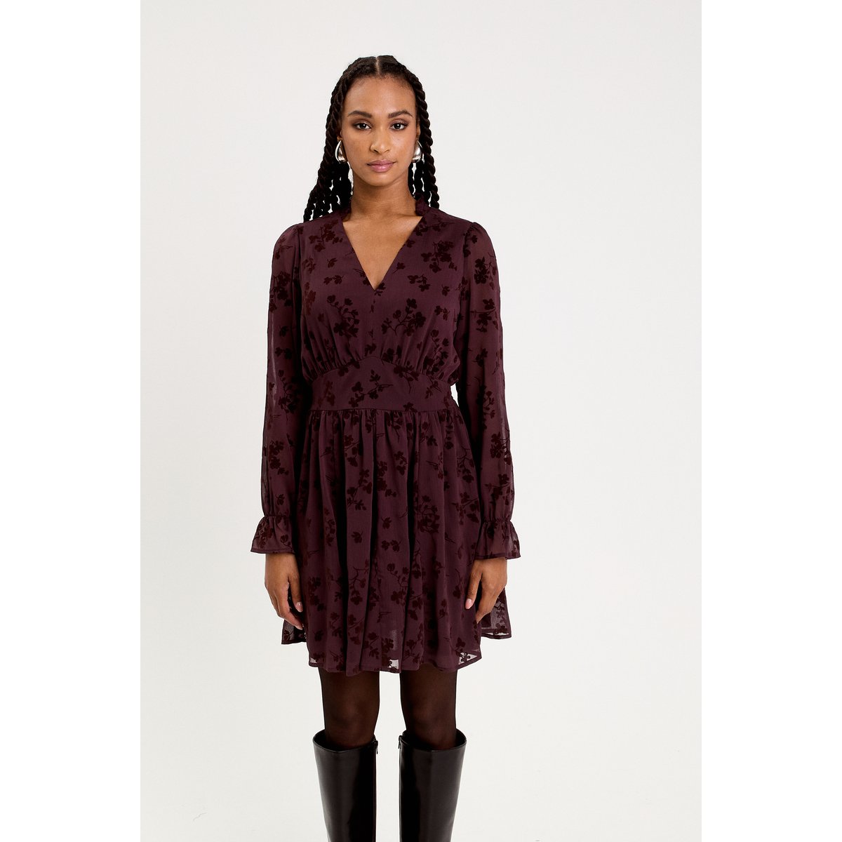 Robe courte évasée col v manches longues marron cognac, CACHE CACHE