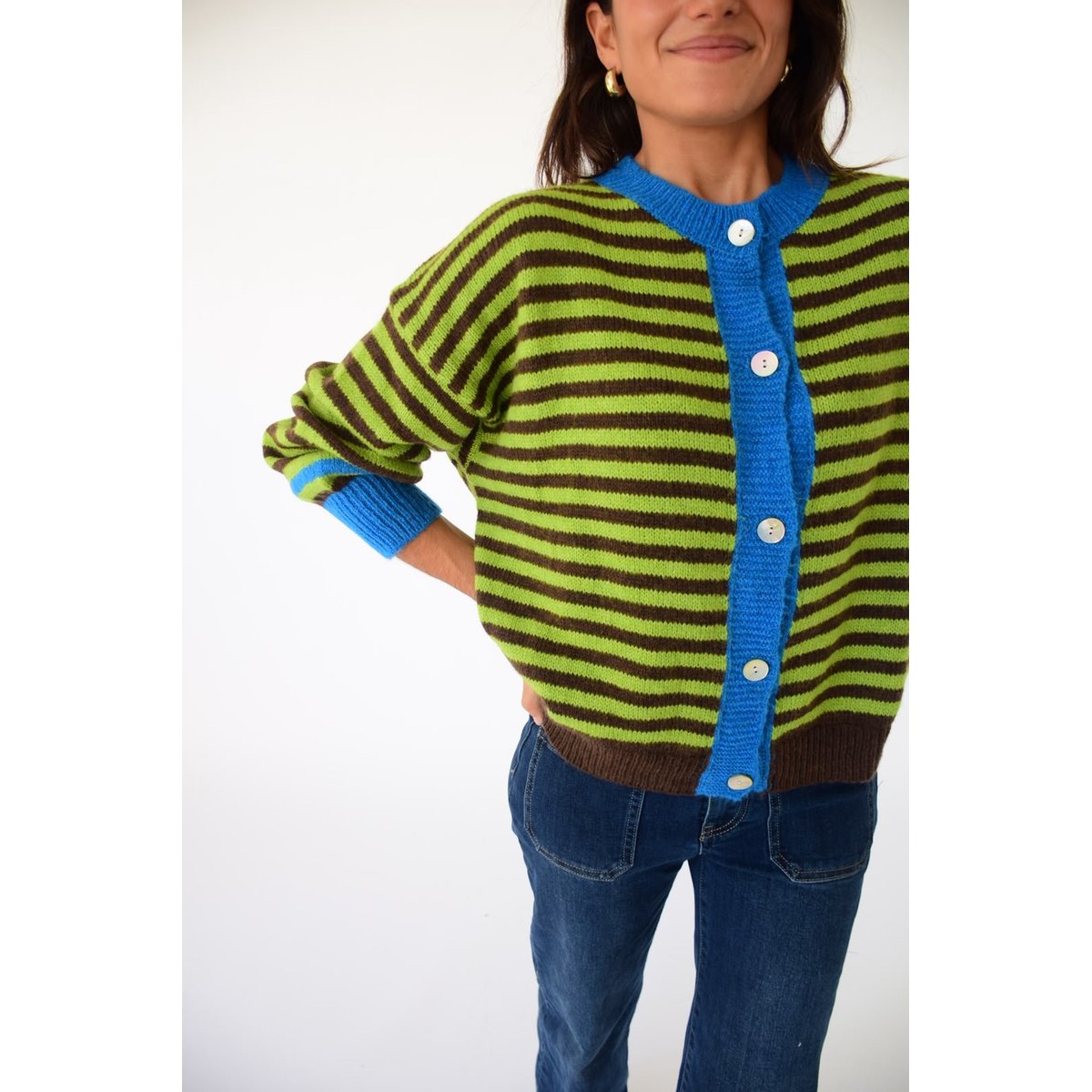 Gilet rayé en maille TESSA vert lime / marron, MINDTRAVELER