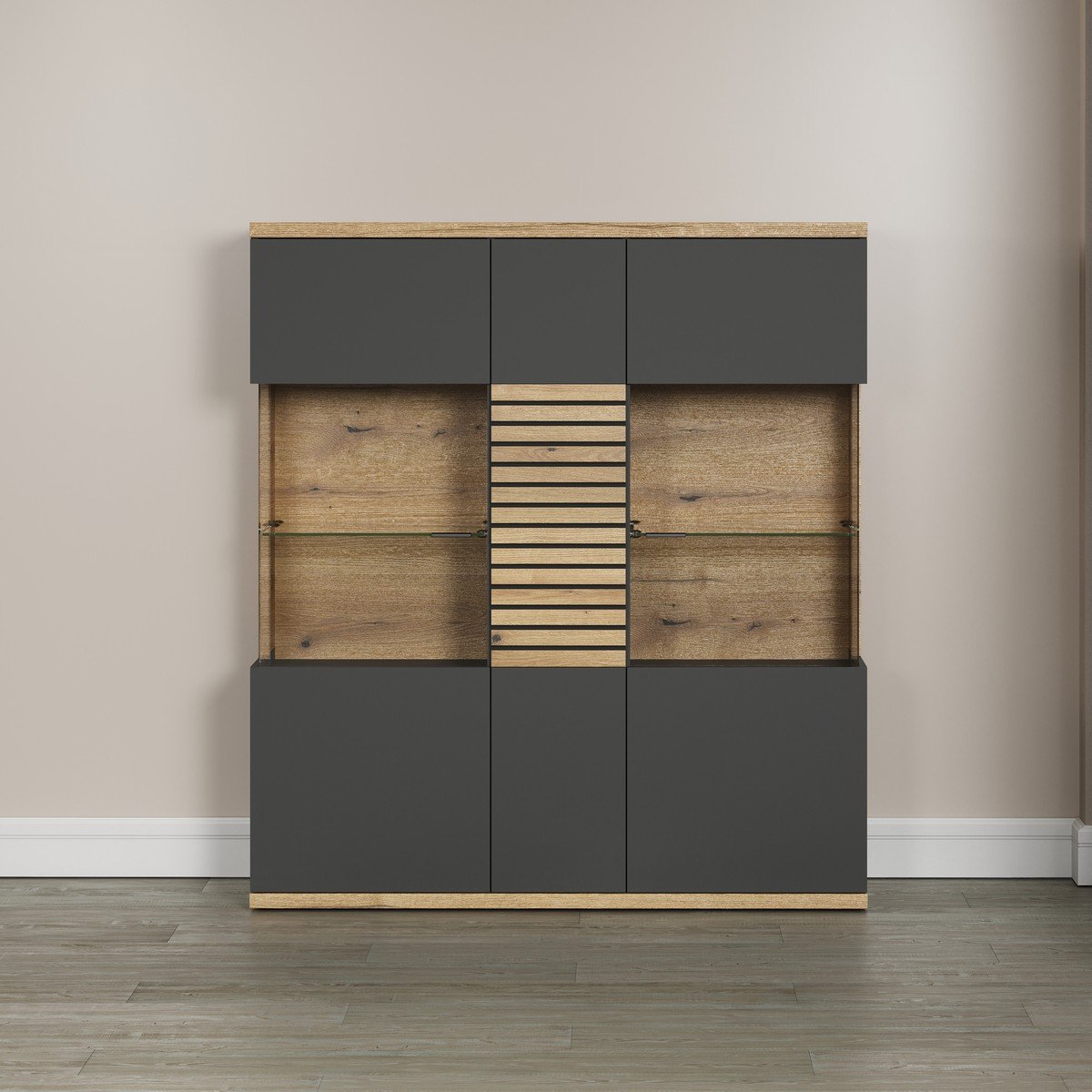 Buffet haut vitré 3 portes L131 cm - NORRIS gris anthracite, CALICOSY