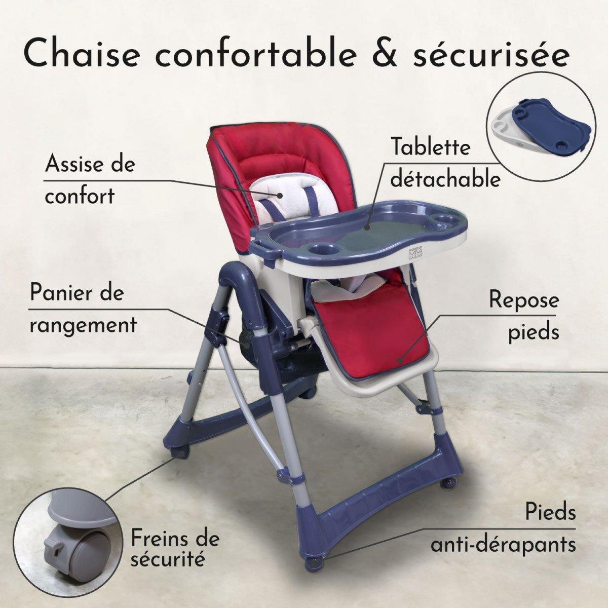 Chaise haute bébé pliable rouge, MONSIEUR BEBE