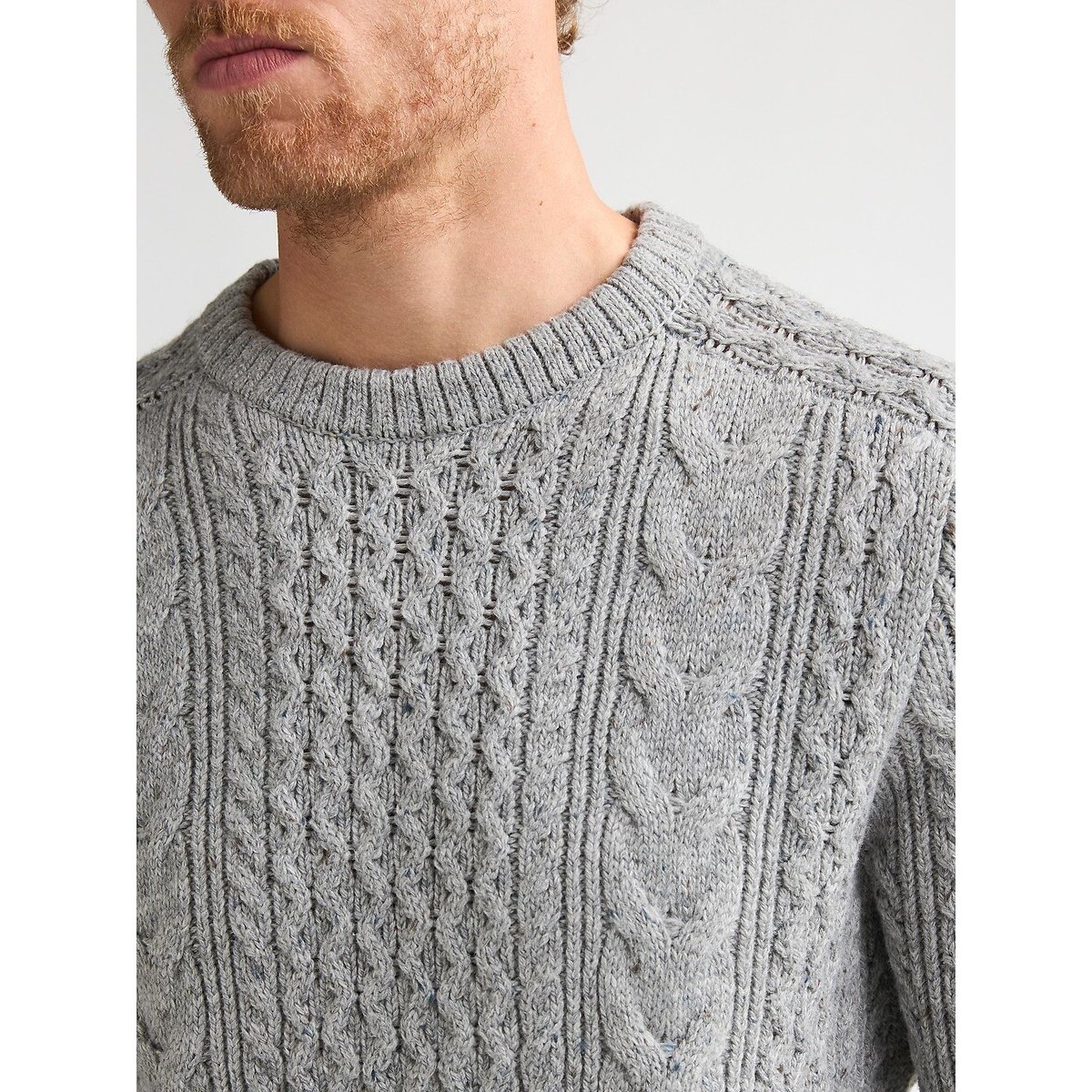 Pull col rond en fine maille à torsades gris chiné, PETROL INDUSTRIES
