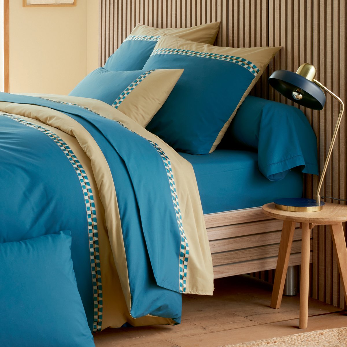 Housse de couette percale de coton géométrique bleu, TRADILINGE
