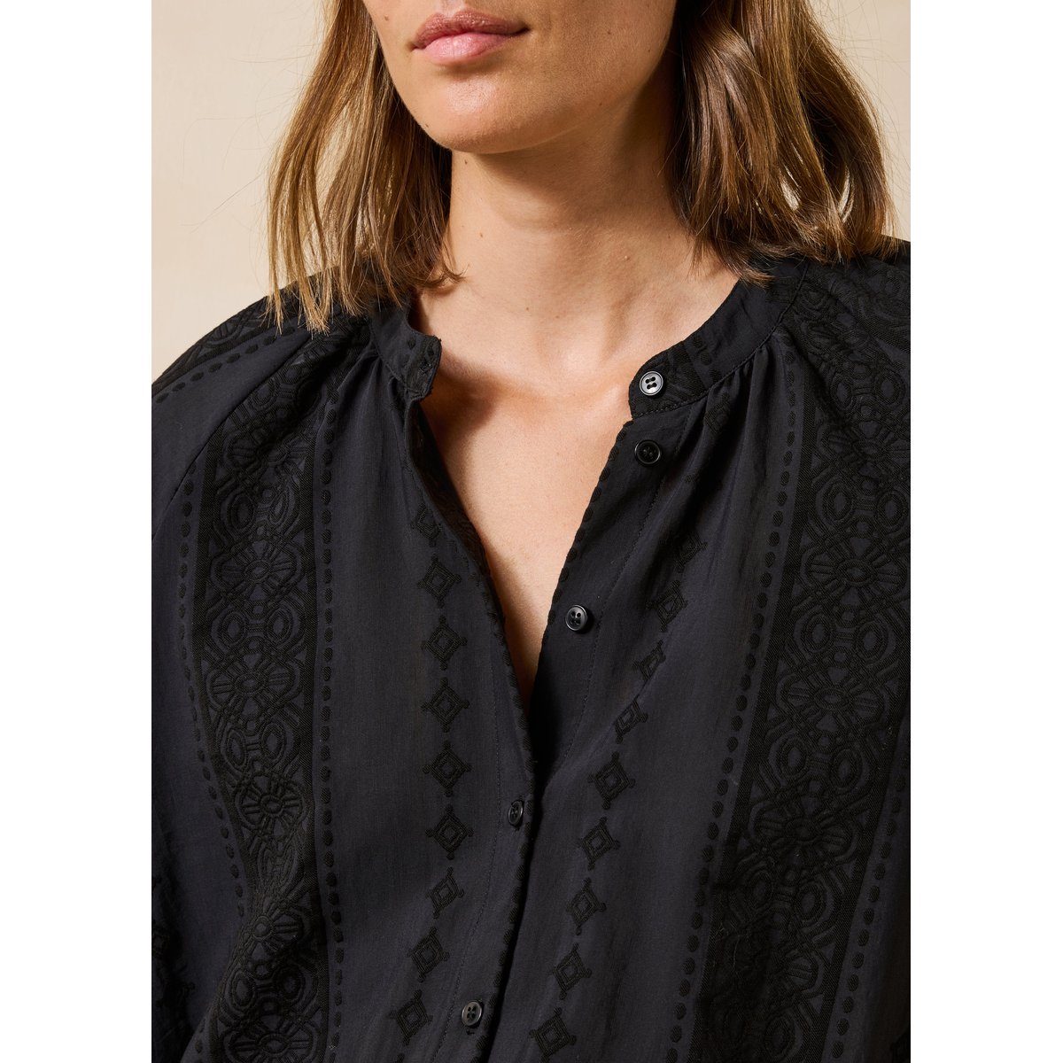 Chemise manches longues col rond en jacquard noir, LA FEE MARABOUTEE