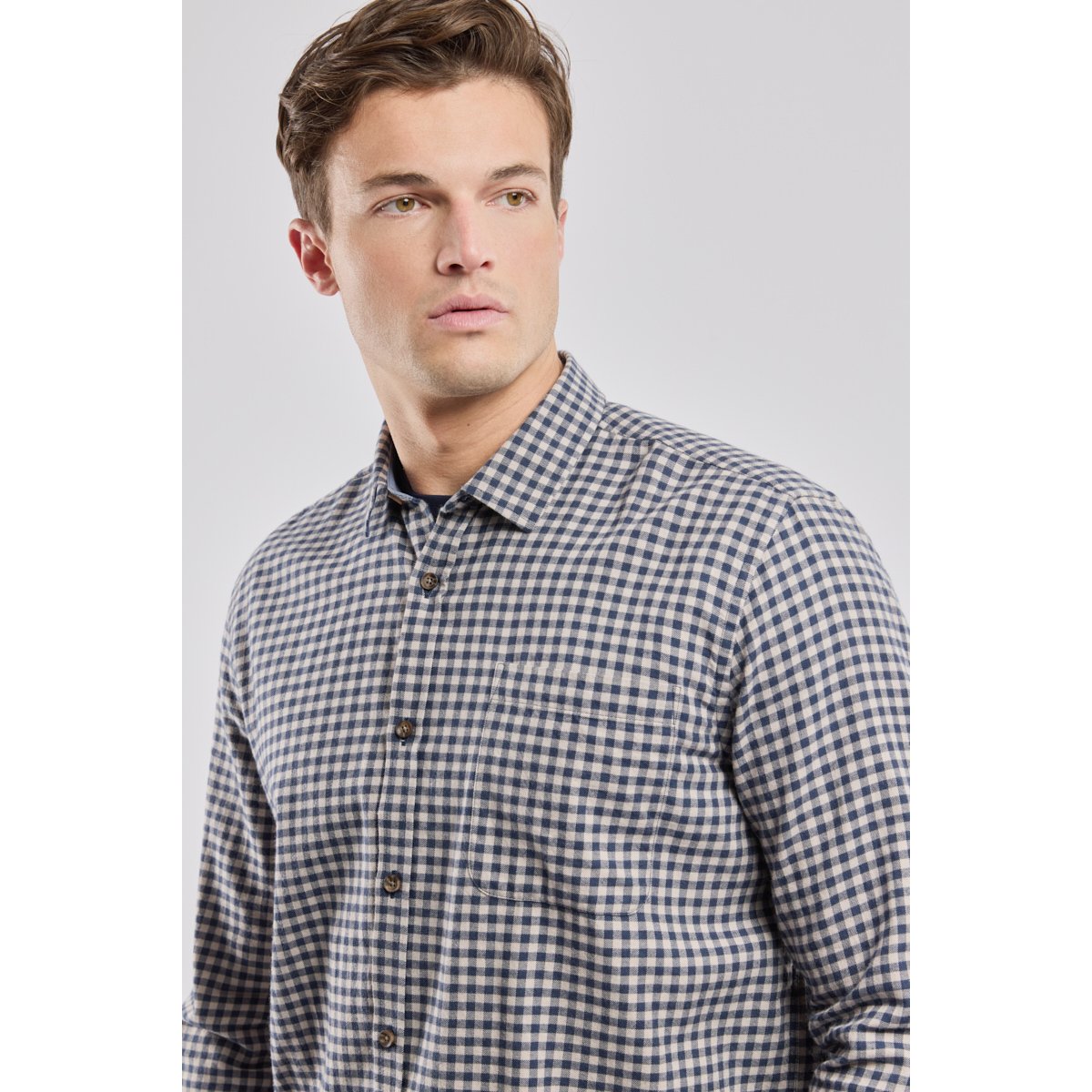 Chemise manches longues confort col souple vichy bleu jean, ARMOR-LUX