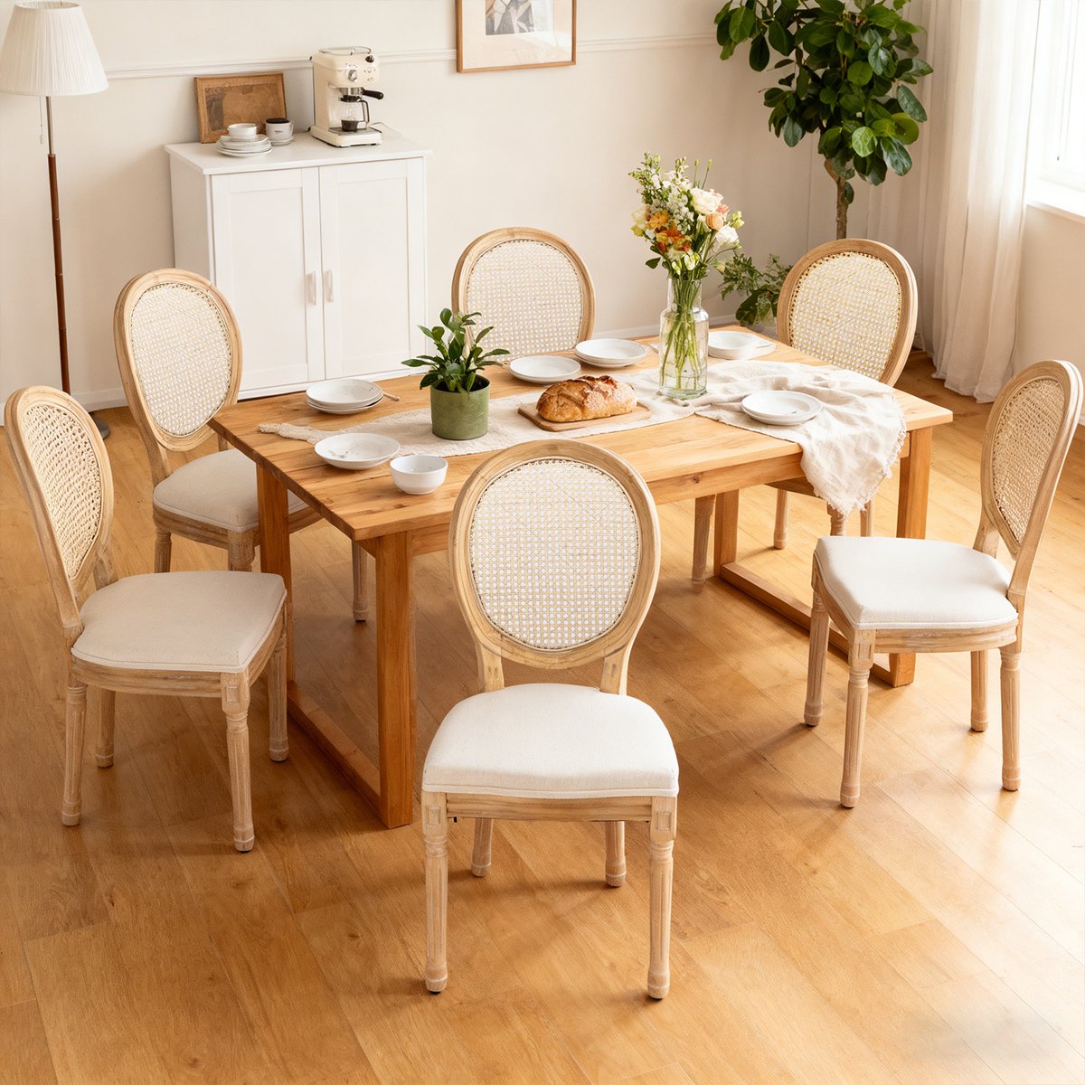 Lot de 6 chaises de salle à manger style classique en rotin, KOARAT beige, MEUBLES COSY