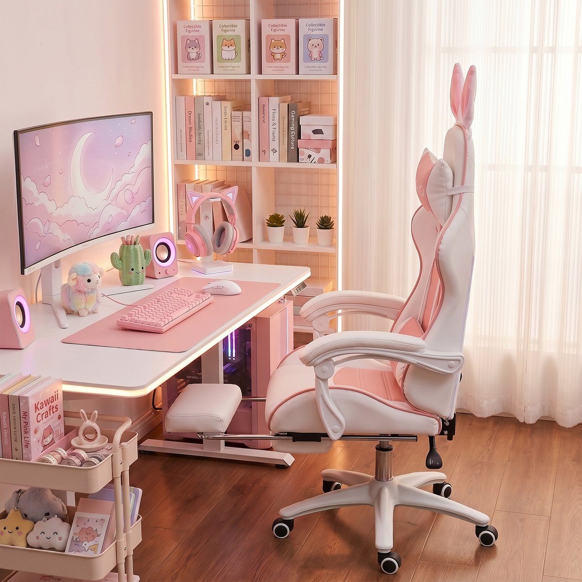 Fauteuil gaming Polyuréthane Rose rose, blanc, HOMCOM