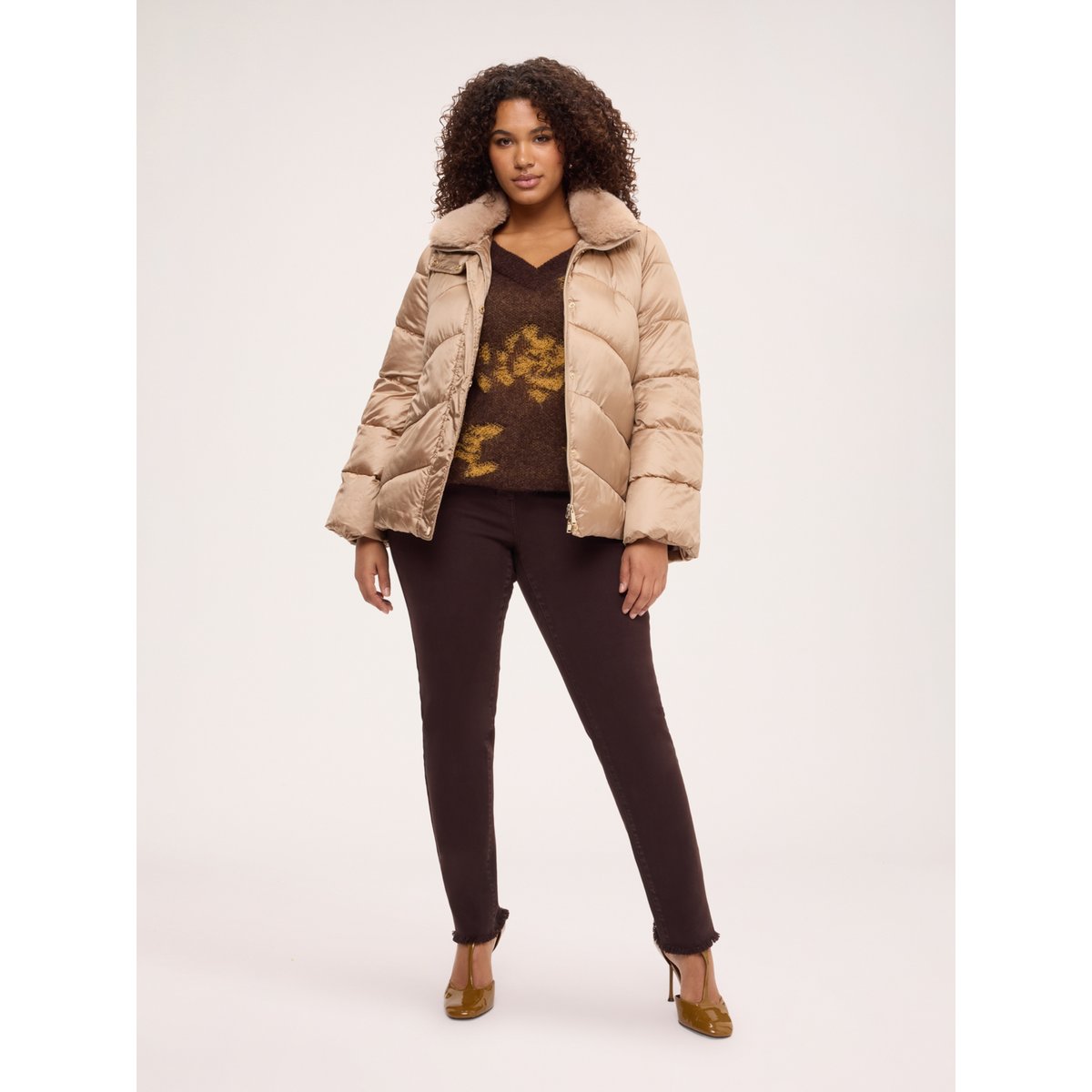 Doudoune courte avec col en peluche beige, FIORELLA RUBINO