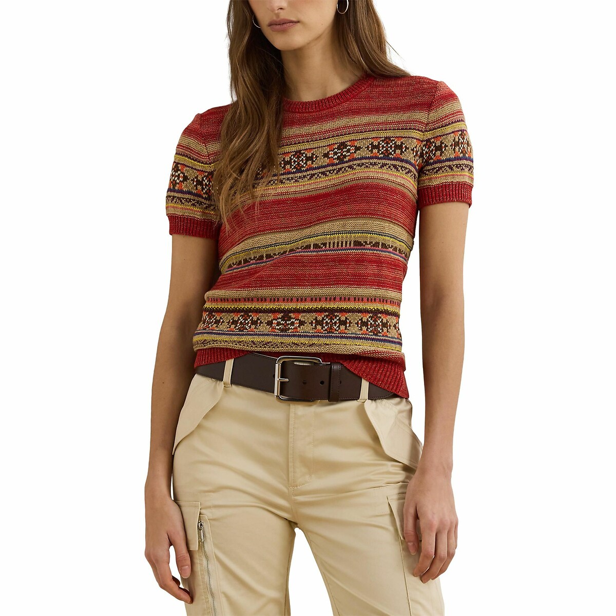 Jersey a rayas de manga corta y cuello redondo, EYELAH estampado rojo, LAUREN RALPH LAUREN