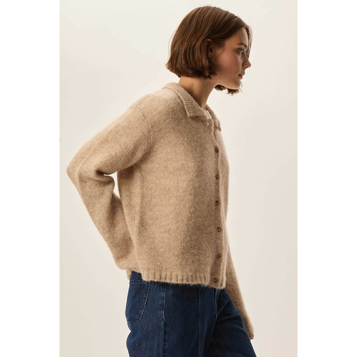 Anouka Long Sleeve Cardigan with Polo Collar taupe, DES PETITS HAUTS