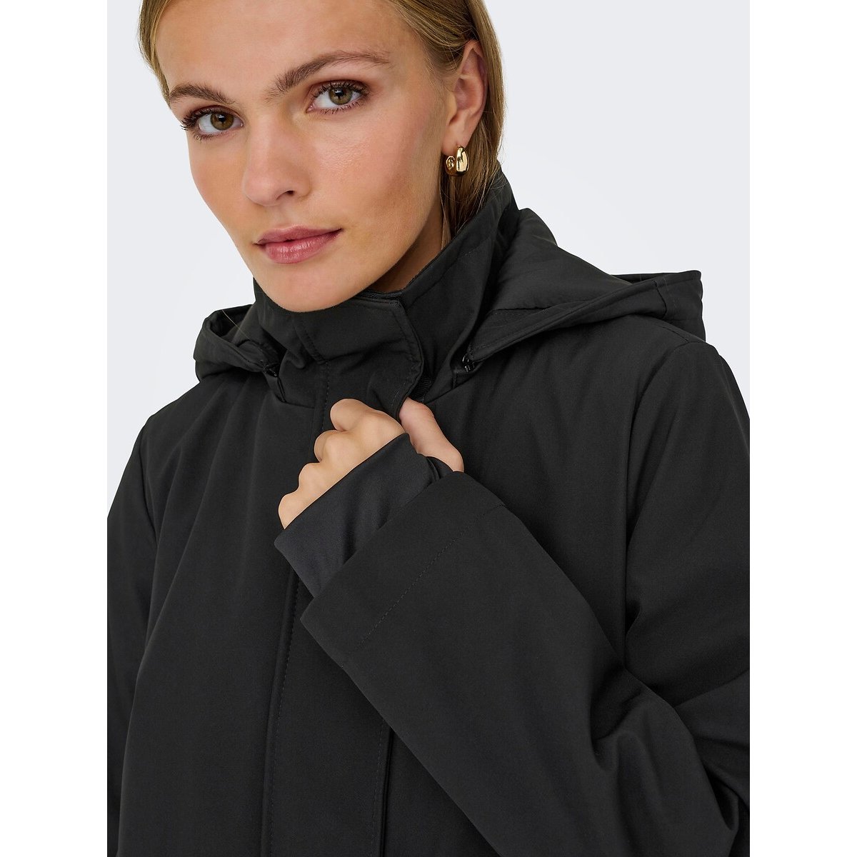 Parka lungo con cappuccio nero , ONLY