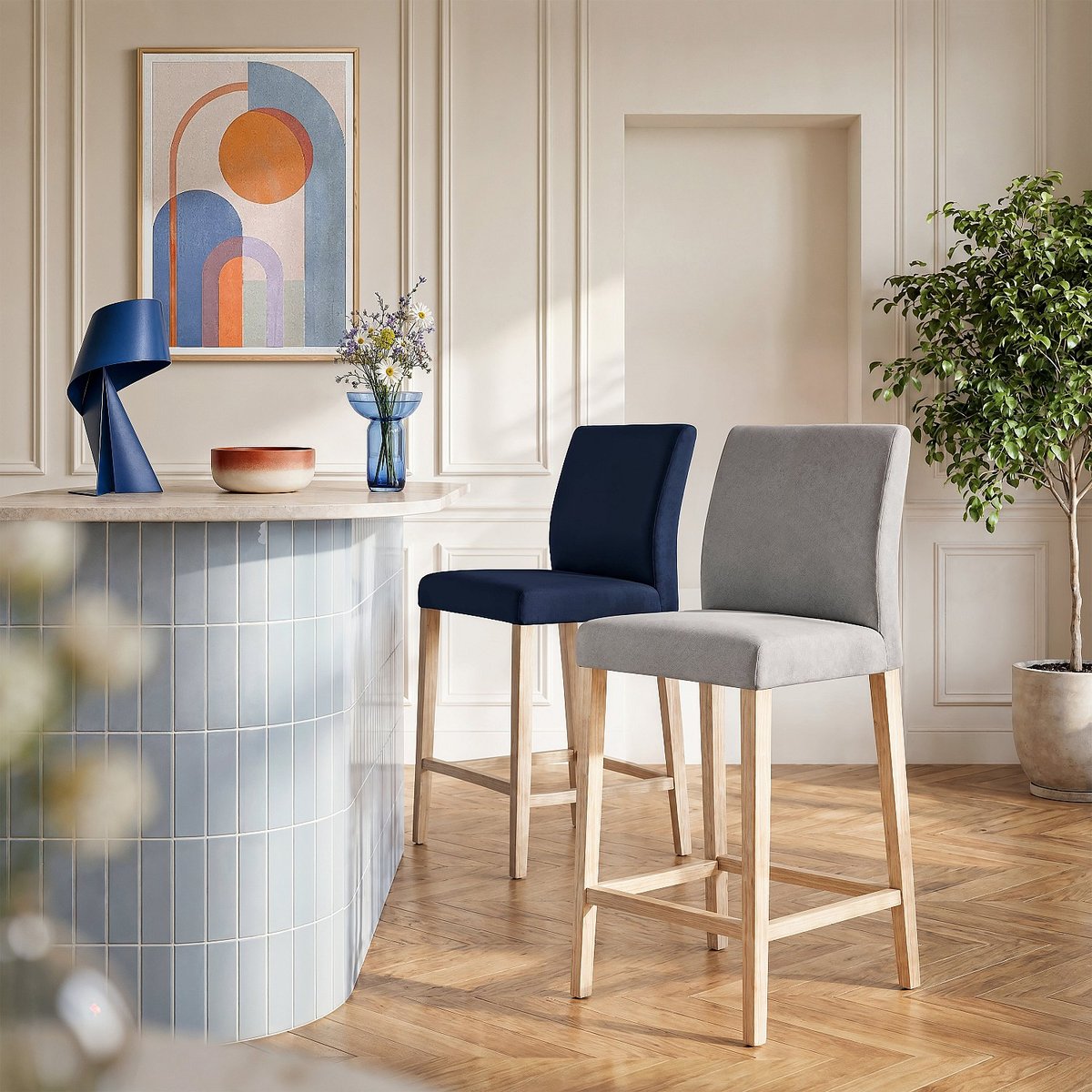 Chaise haute de bar en tissu ELEONORA gris, HABITAT