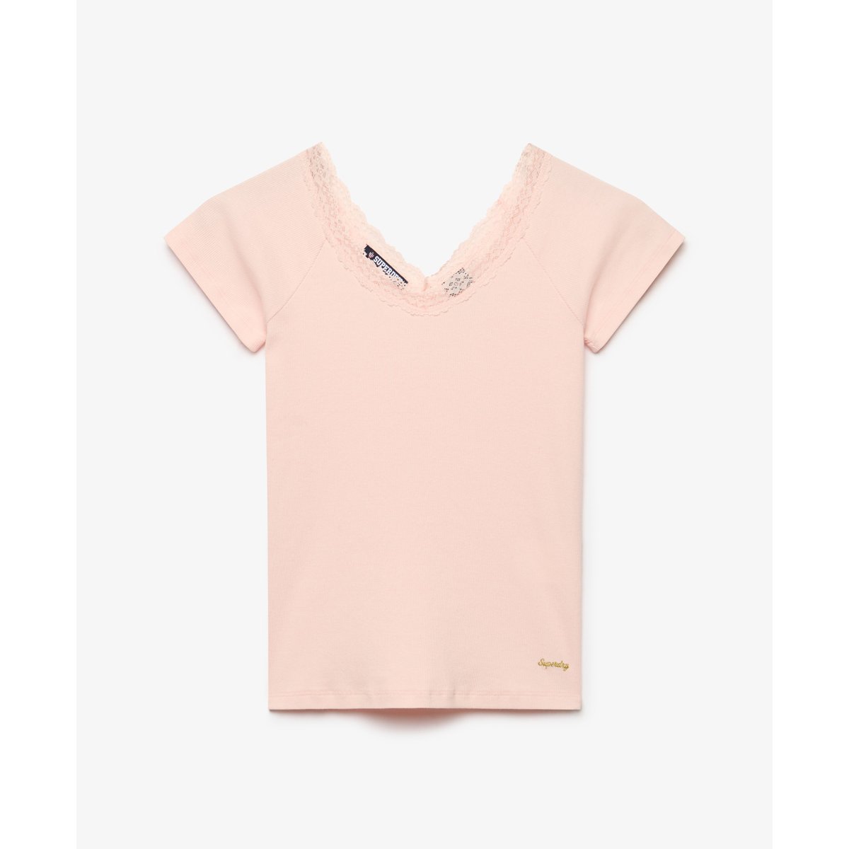 T-shirt Athletic Essential Col V Bordure en Dentelle rose poudré, SUPERDRY
