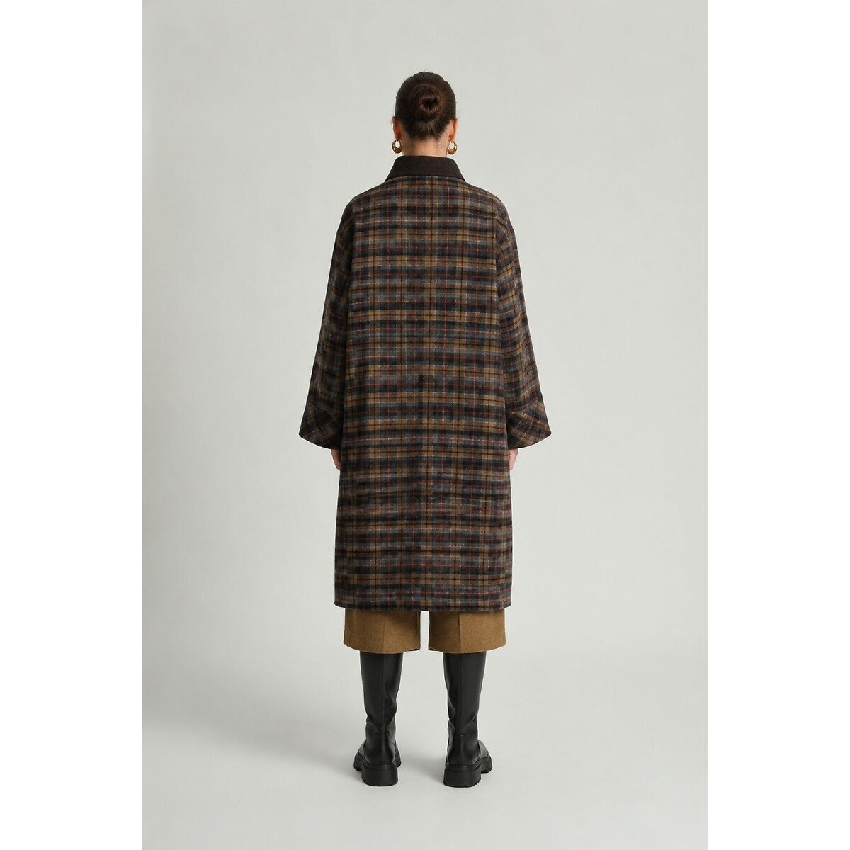 Manteau long réversible en laine mélangée marron carreaux, SEE U SOON