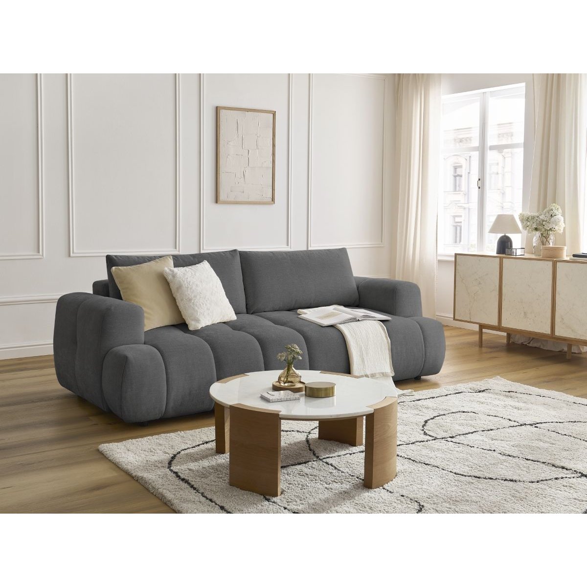 Canapé droit convertible 3 places en tissu lisse, FUJI gris foncé, BOBOCHIC