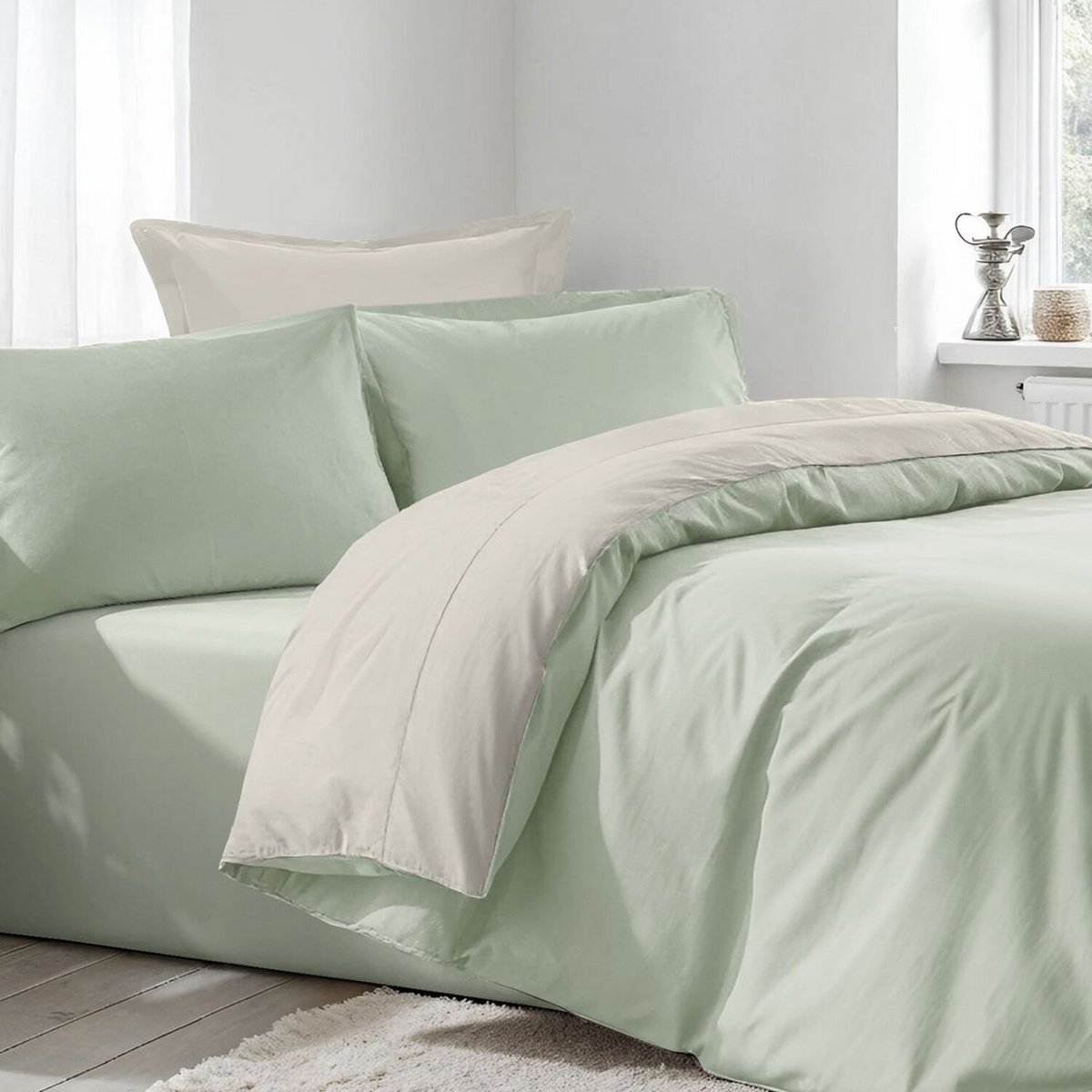 Parure housse de couette coton bicolore, Beige vert, C DESIGN HOME TEXTILE