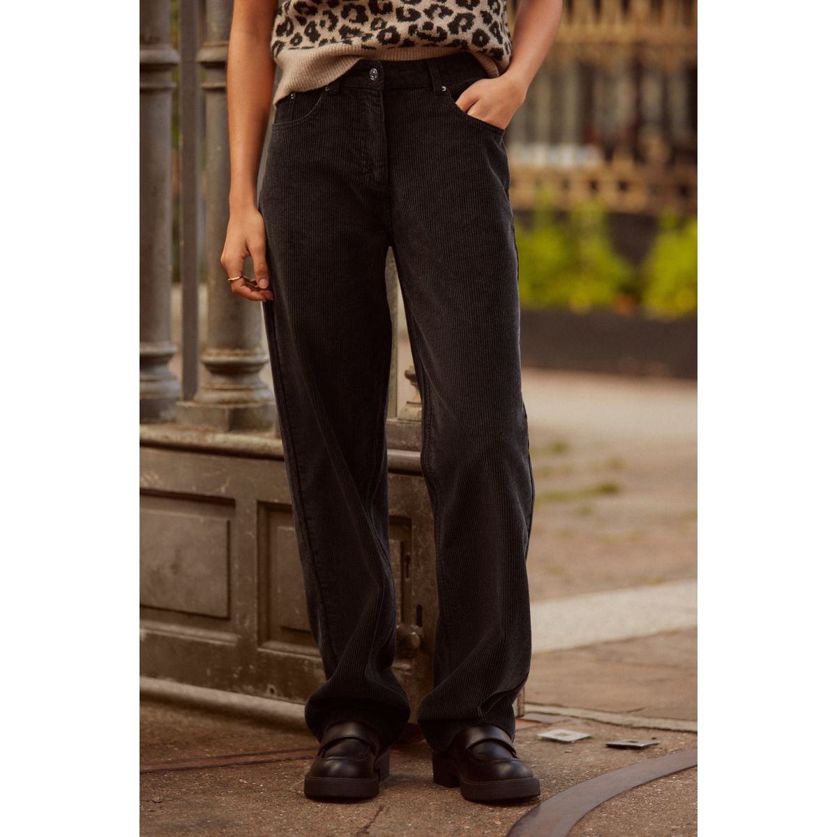 Pantalon large en corde lavée noir, NEXT