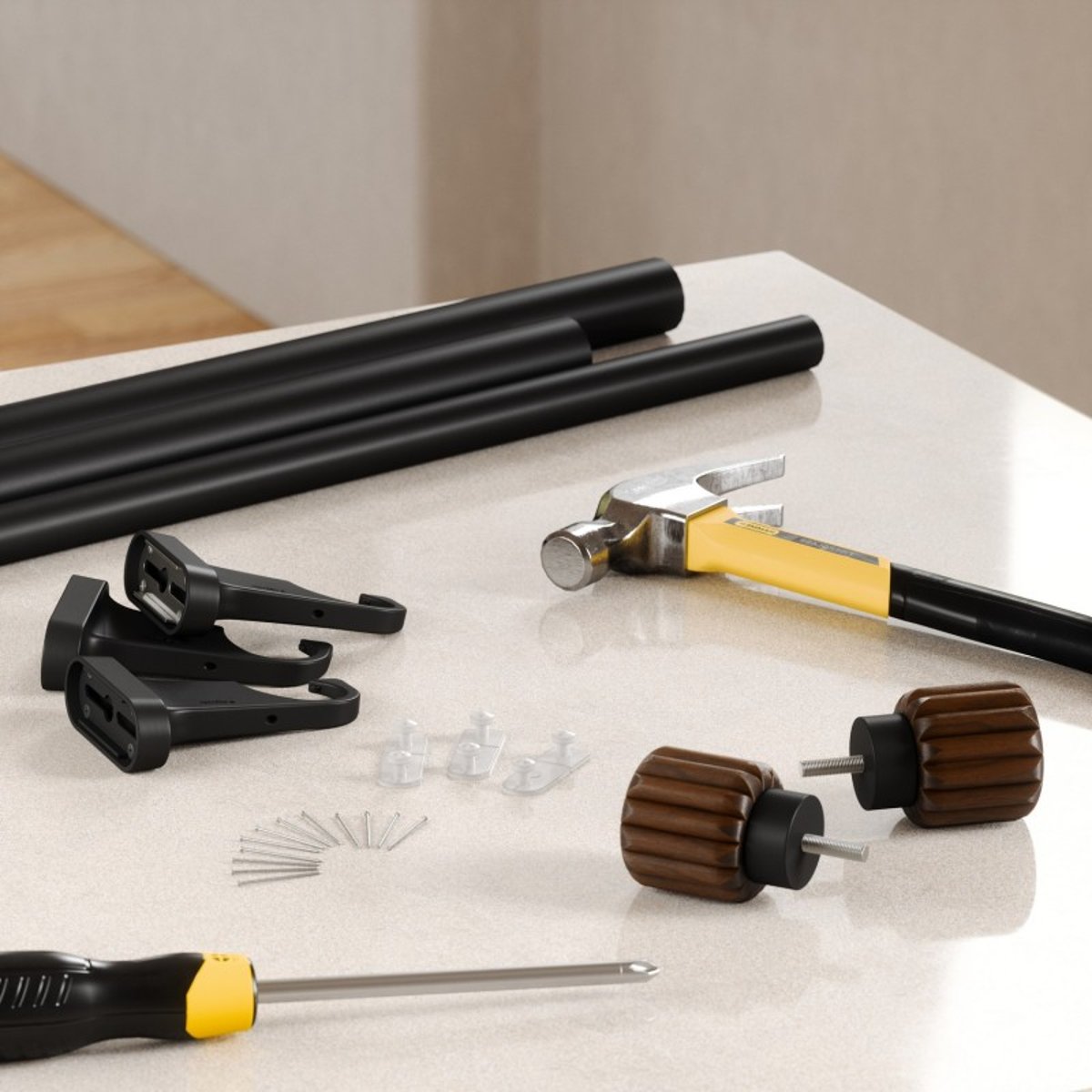 Tringle à rideaux design sans perçage EVIE Pinpoint bois foncé, UMBRA