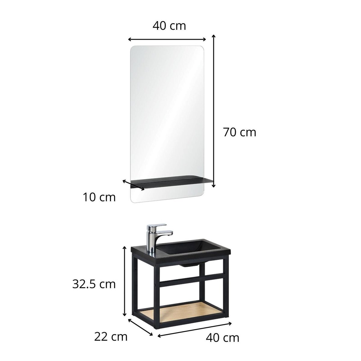 Ensemble lave-mains gain de place avec miroir tablette HAMPTON noir, MOB IN