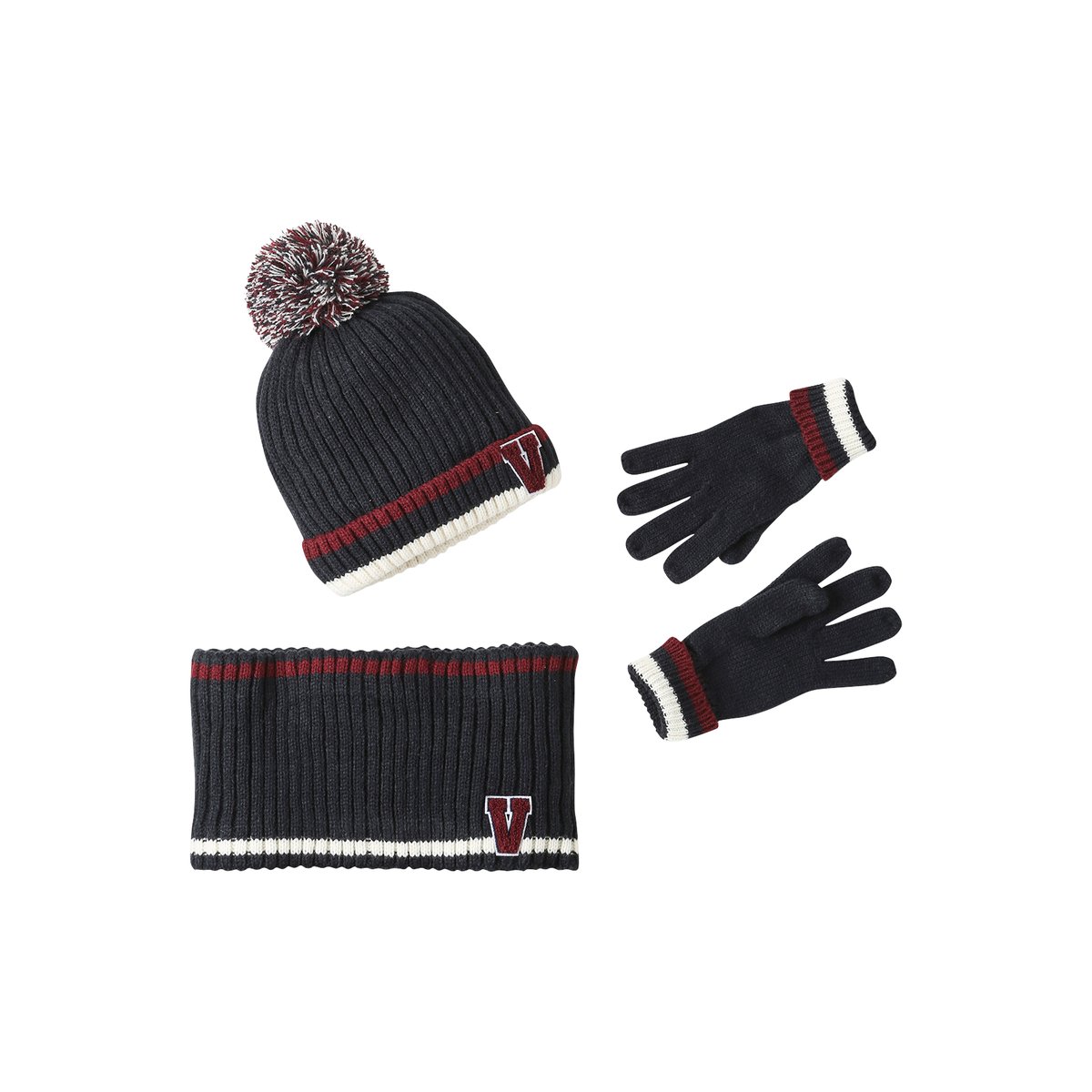 Ensemble bonnet + snood + gants en maille côtelée marine, VERTBAUDET