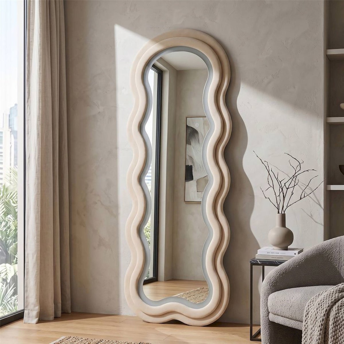 Miroir mural ondulé avec éclairage LED MODERN crème, RECOLLECTION