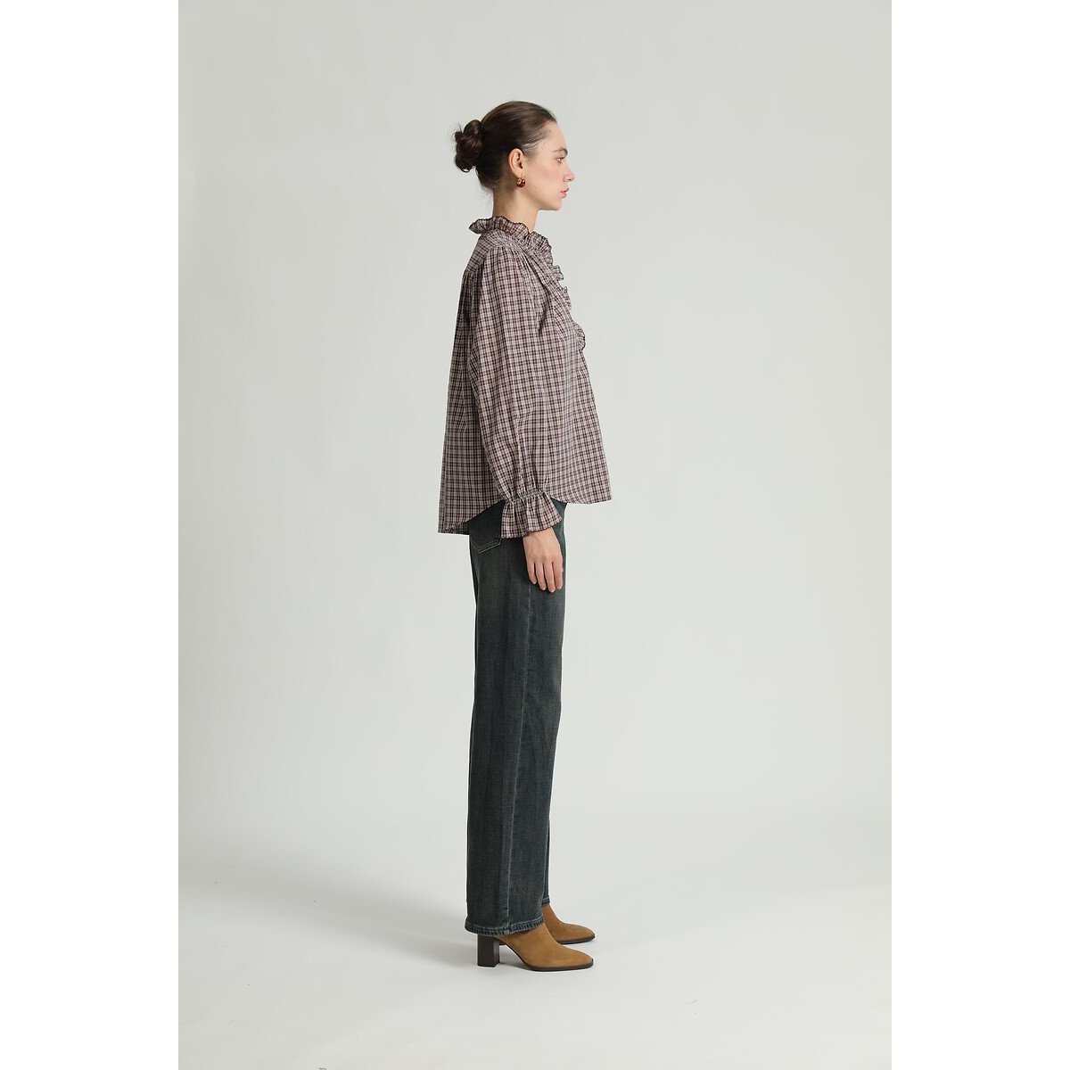 Blouse volant à carreaux, col montant bordeaux, SEE U SOON