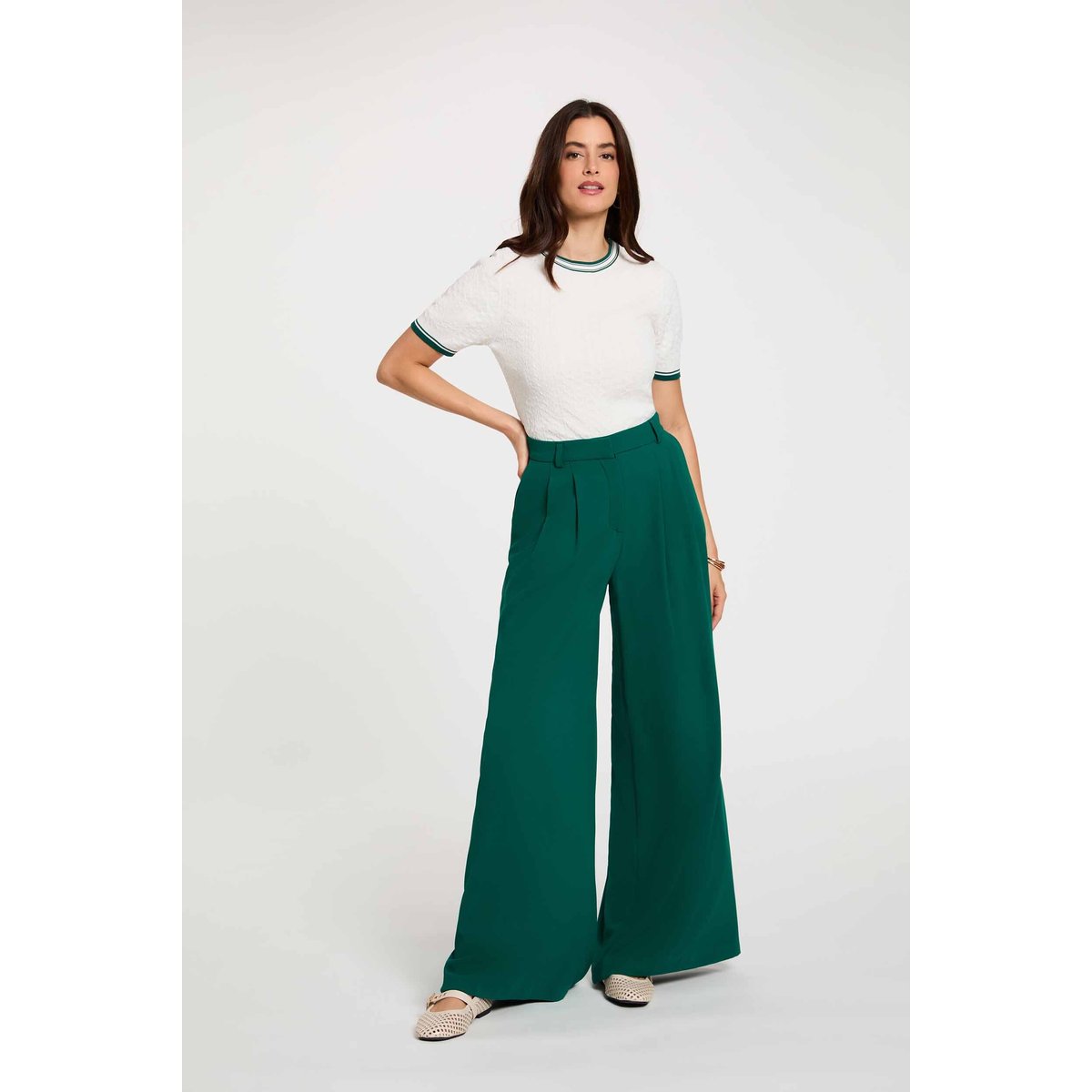 Pantalon large taille haute vert, MORGAN