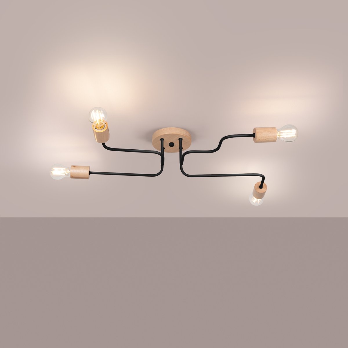 Lustre Acier Noir/Bois Naturel E27 4 Timbo noir, EDEN