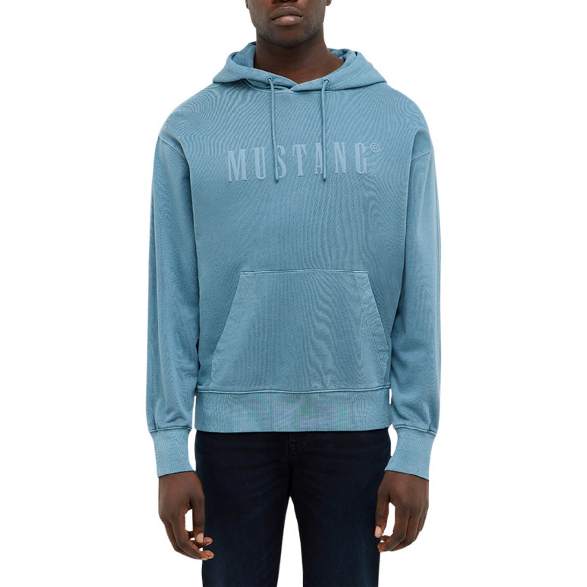 Sweat en coton bleu avec un col à capuche et cordon de serrage bleu, MUSTANG