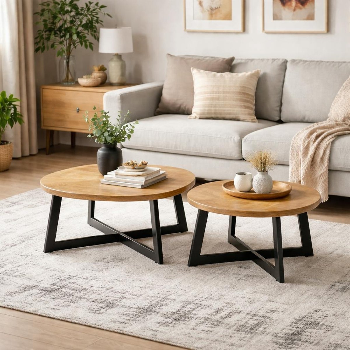 Table basse ronde en bois avec pied en croix (lot de 2) ALMA bois naturel, PIER IMPORT
