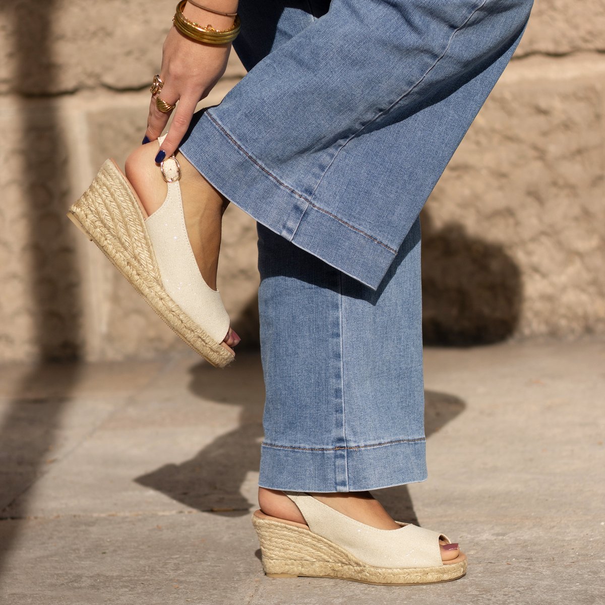 Espadrilles slingback toile recyclée doré, JULES & JENN