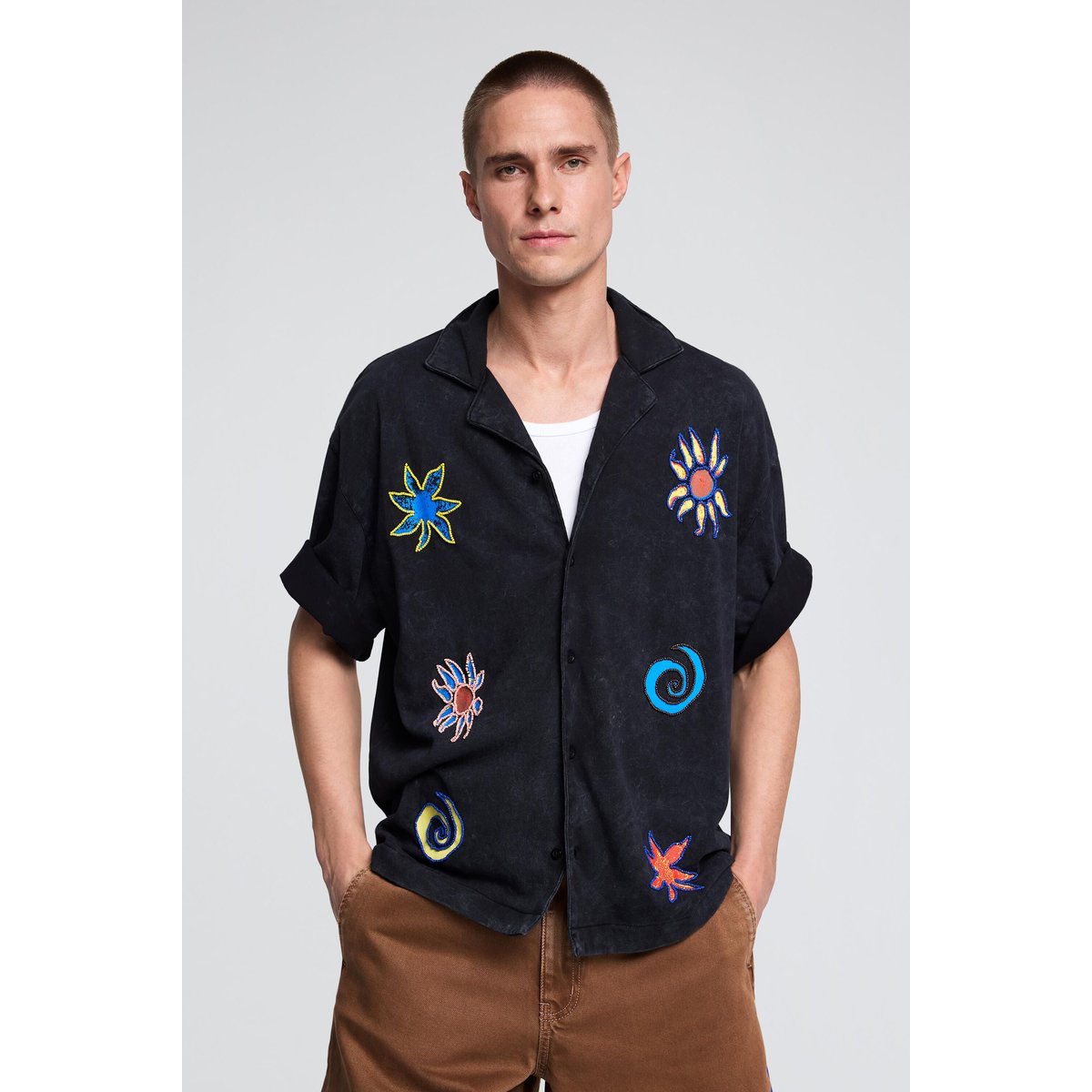 Chemise en coton brodée noir, DESIGUAL