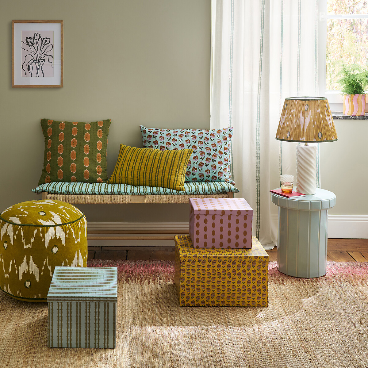 Hocker ASTANA aus Samt Durchmesser 35 cm, aus Baumwolle, bestickt mit Ikat-Motiven ikatmuster, LA REDOUTE INTERIEURS