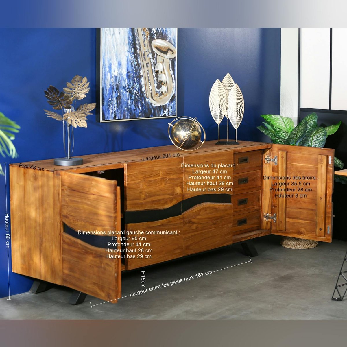 Buffet moderne bois recyclé teck laque noire 200 cm BARBADE bois naturel, PIER IMPORT