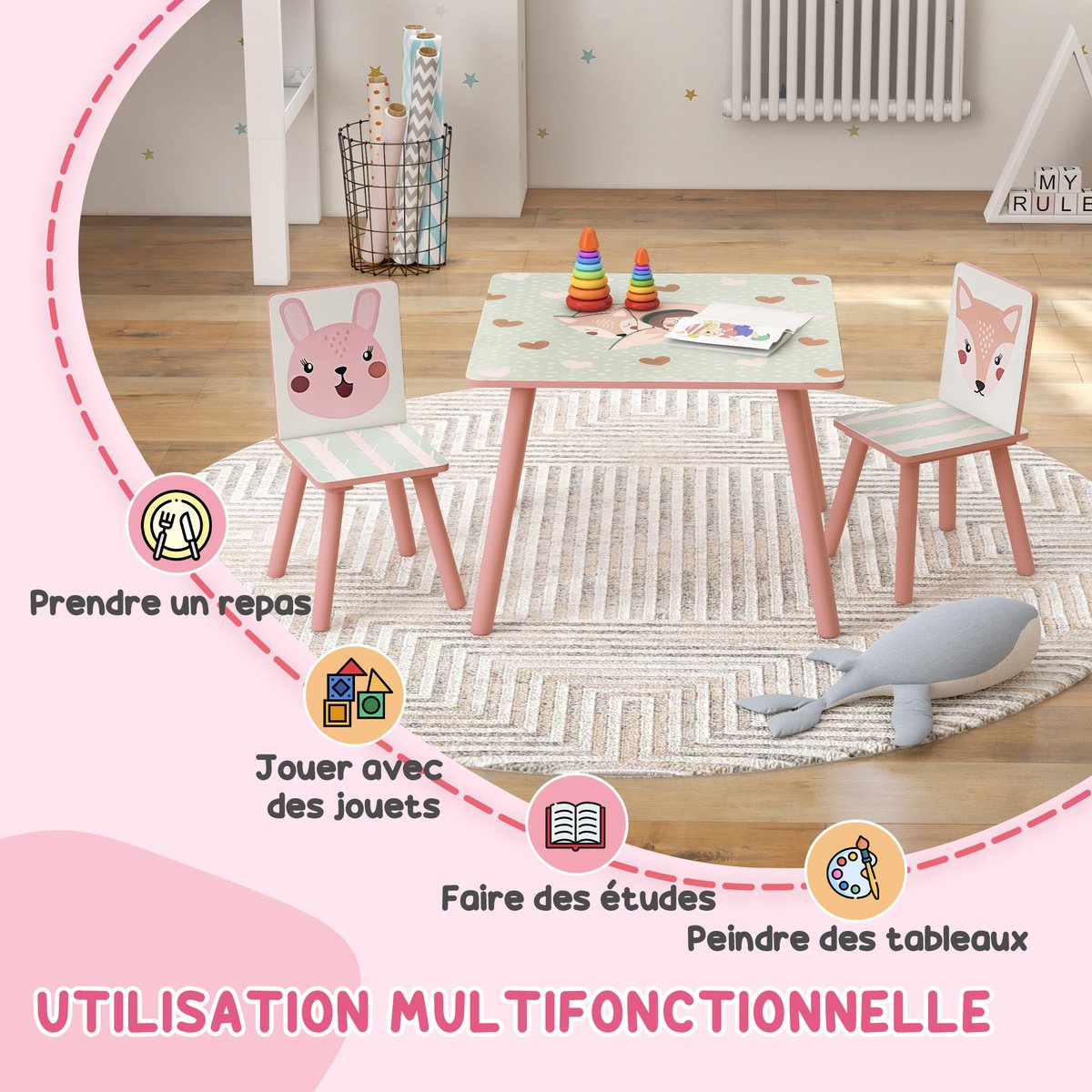 Ensemble table et chaises pour enfants MDF rose et motifs animaux, ZONEKIZ
