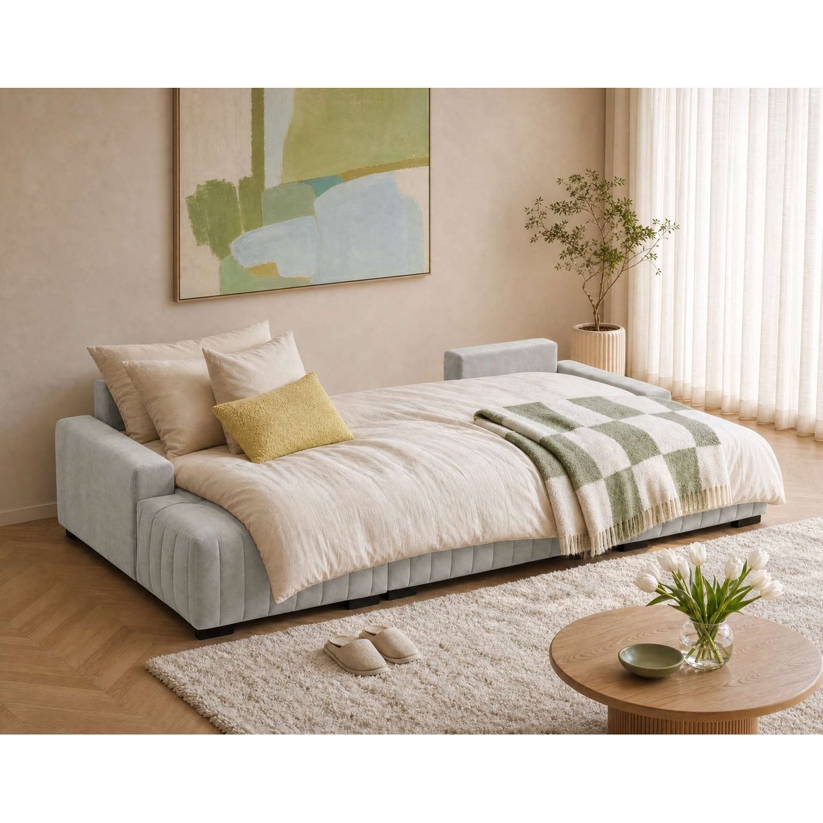 Canapé Panoramique Convertible Velours 7 places - LAZARE blanc, LISA DESIGN