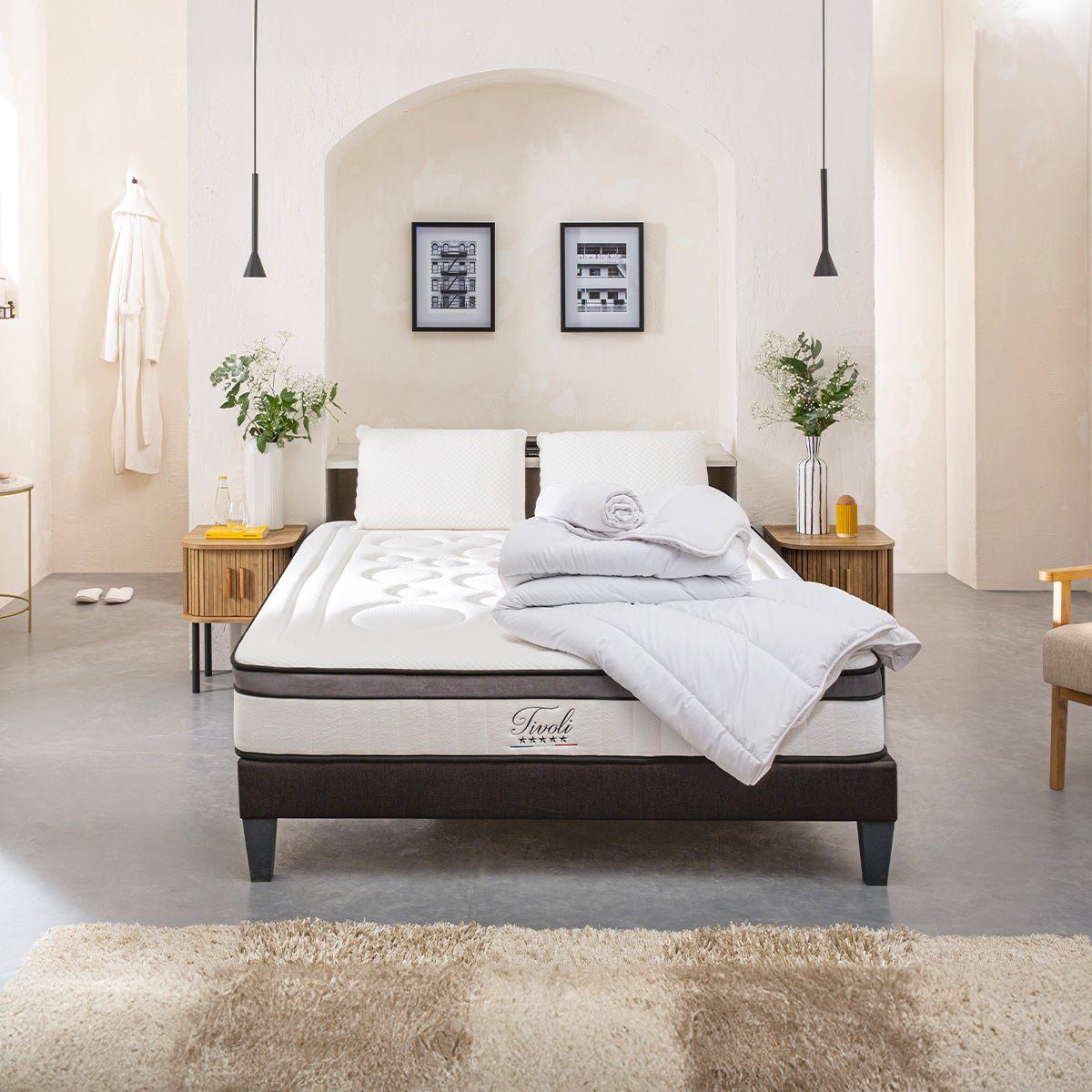 Pack Tivoli 140x190 cm Matelas Mousse + Sommier Bois + Accessoires blanc, BELLECOUR
