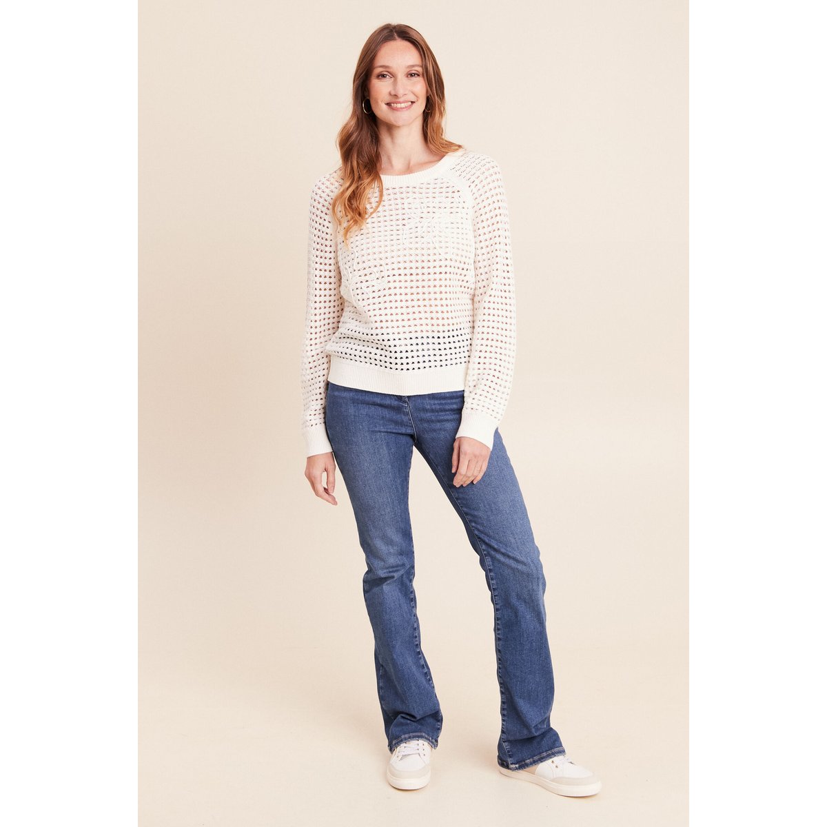 Pull col rond manches longues dentelle ecru, BREAL
