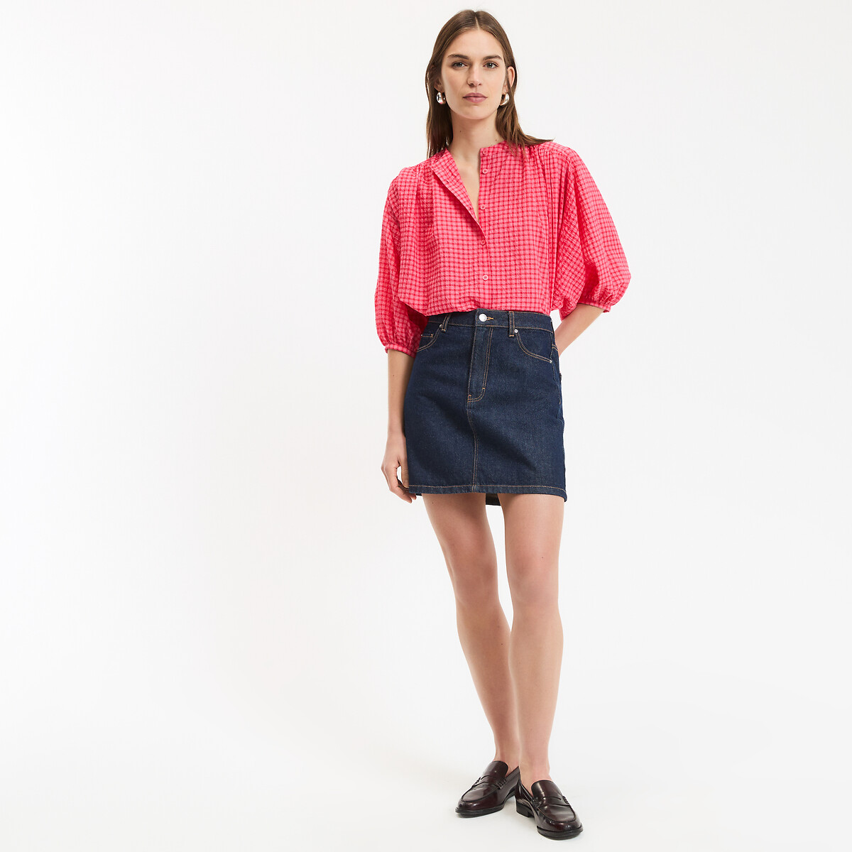 Chemise col mao à carreaux, volume oversize, en coton, Signature BERTHE carreaux rouge, LA REDOUTE COLLECTIONS
