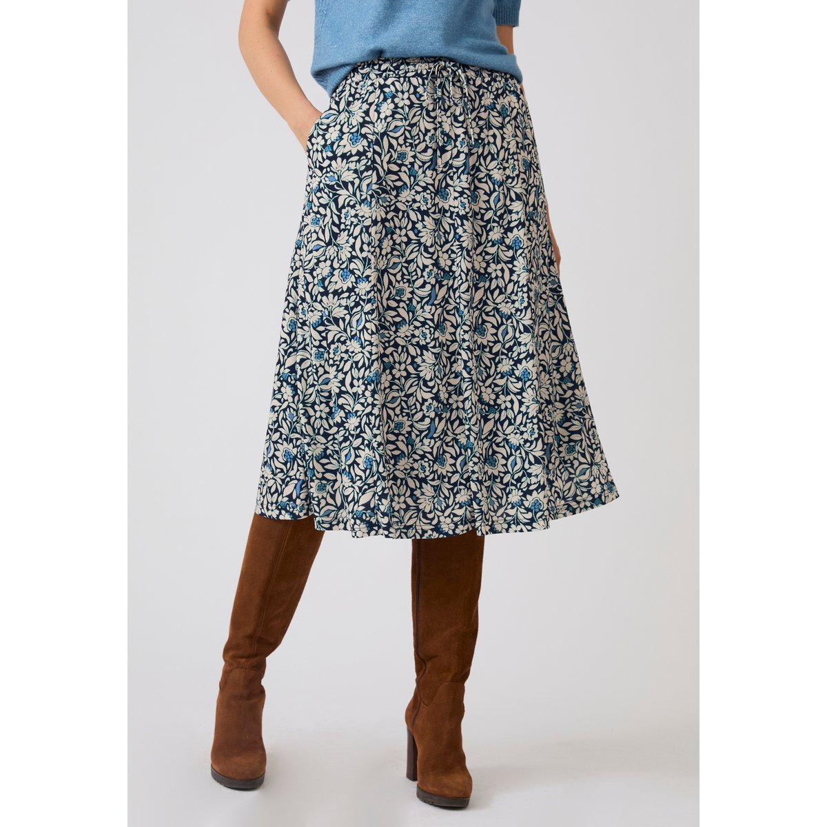 Jupe maille crêpe stretch bleu fleuri, DAMART