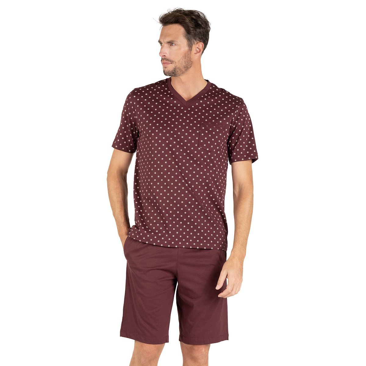 Pyjashort en coton mercerisé et motif haut bordeaux, EMINENCE