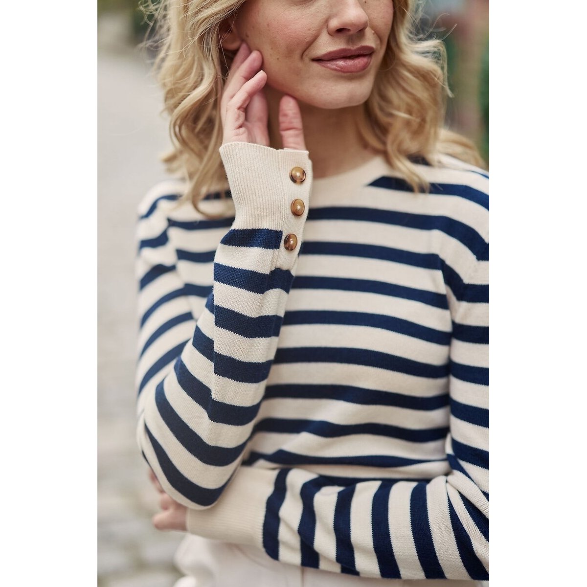 Pulls col rond/sans col MELINA beige/marine, LA PETITE ETOILE